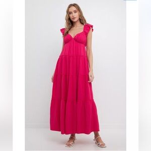 FREE THE ROSES 🩷Tiered Maxi Dress , Hot Pink, Ruffle  Straps , V-Neck, Lined